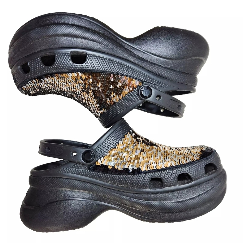 CROCS Classic Bae Silver Gold Sequin Platform Clog Sz 9 Black Multi - Picture 9 of 14